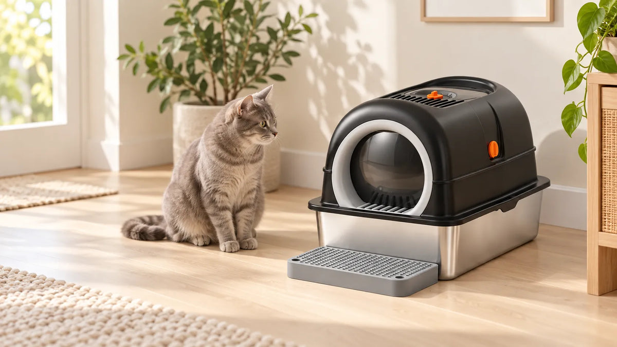 Cat beside a clean enclosed litter box in a bright home