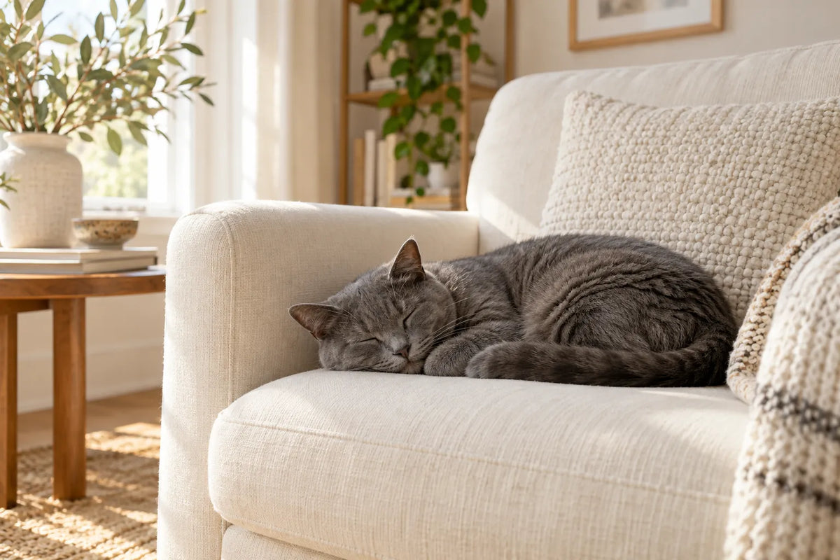 Gray cat napping on a cream sofa in a calm living room
