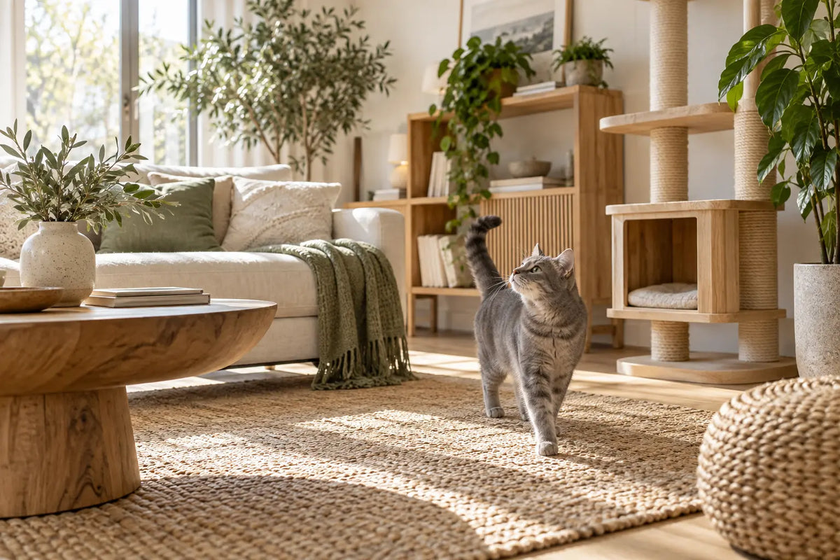 Tabby cat walking through a bright living room with wooden cat shelves