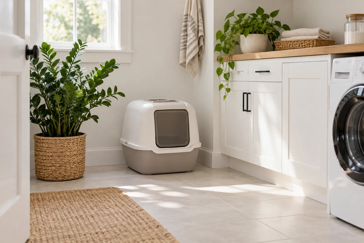 Enclosed litter box on a woven mat in a bright, tidy laundry room