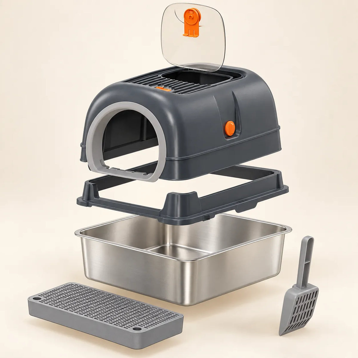 Exploded view of the 3-in-1 litter box: hood, frame, stainless steel tray, scoop and step board