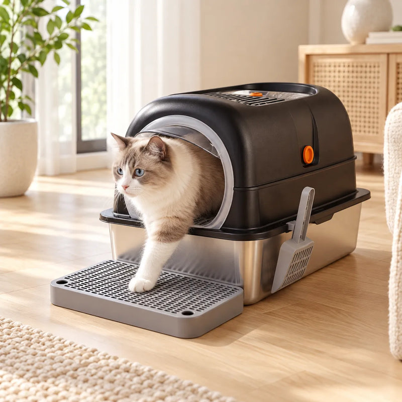 Cat stepping out of the 3-in-1 Enclosed Stainless Steel Litter Box onto the entrance step board