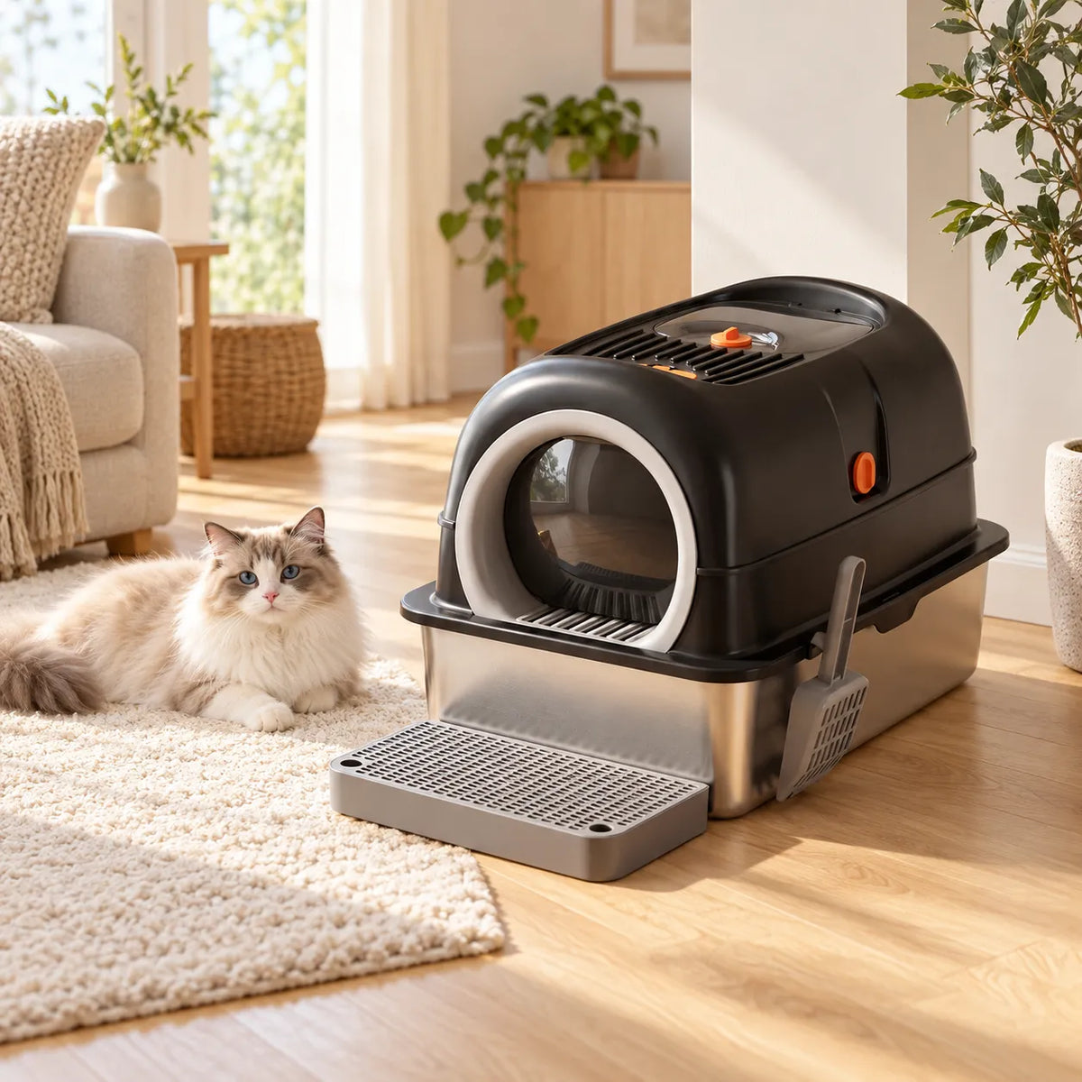 Cat resting beside the 3-in-1 Enclosed Stainless Steel Litter Box in a bright living room