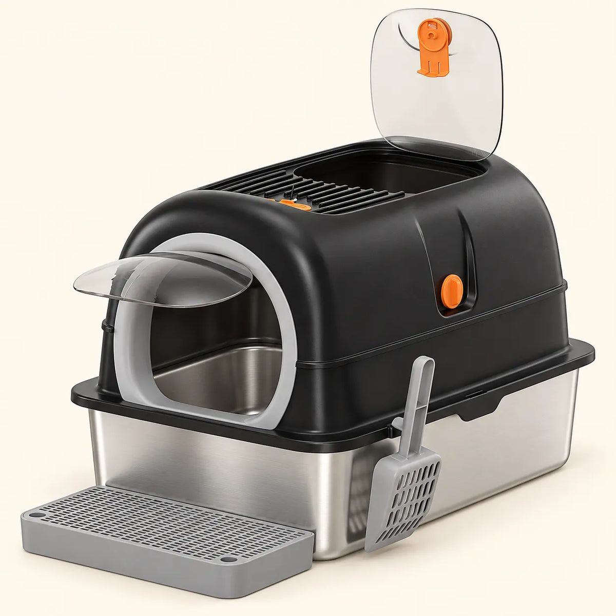 Black 3-in-1 Enclosed Stainless Steel Litter Box with front door flap, scoop and step board