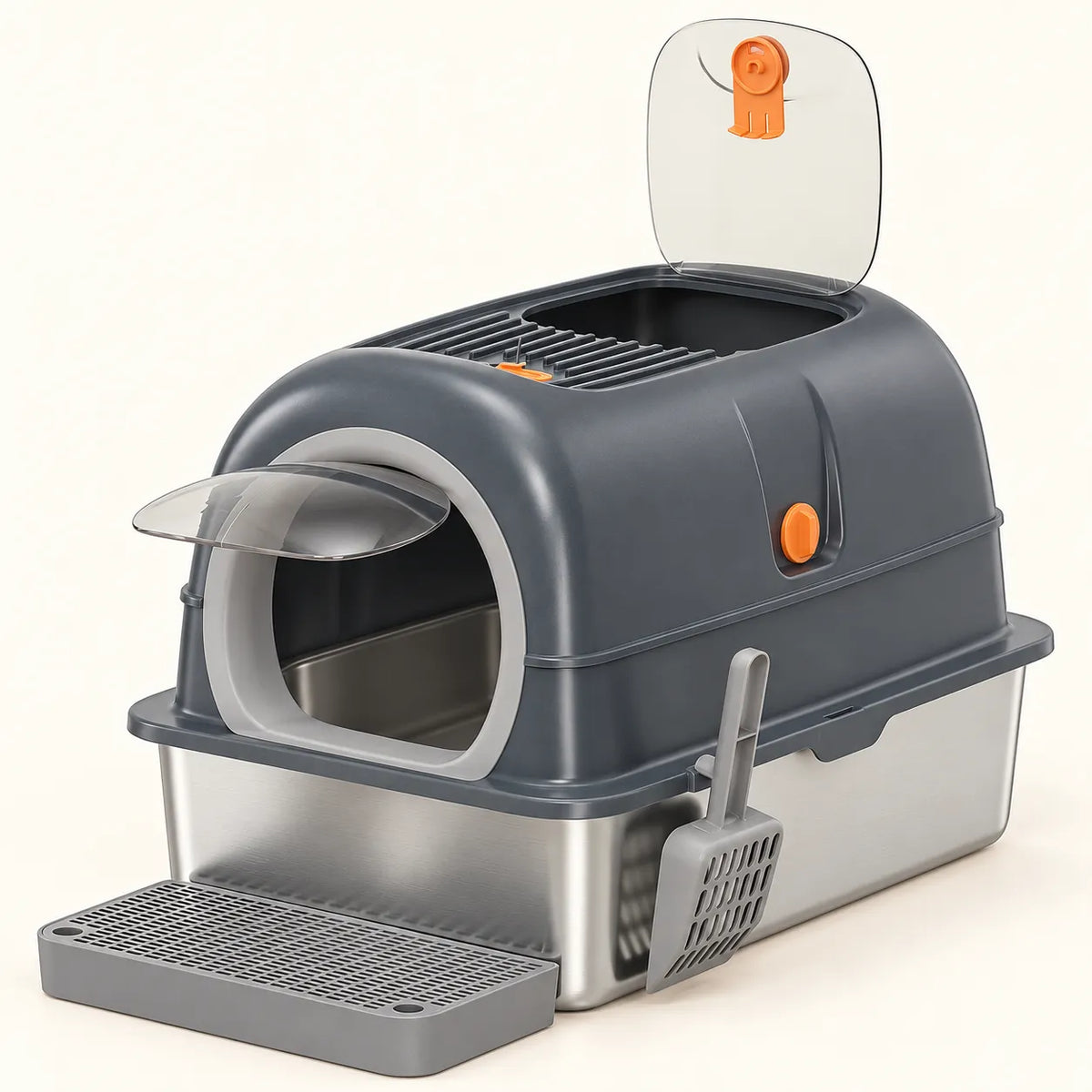 Gray 3-in-1 Enclosed Stainless Steel Litter Box with top panel open, scoop and step board