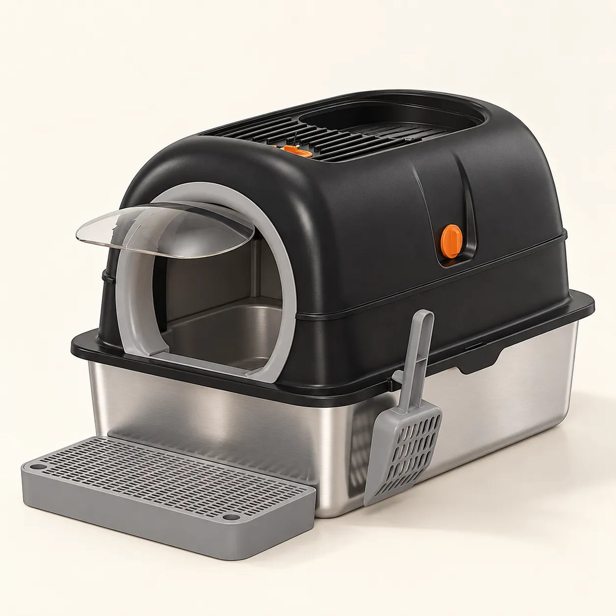 Fully enclosed stainless steel litter box with clear front door flap and step board