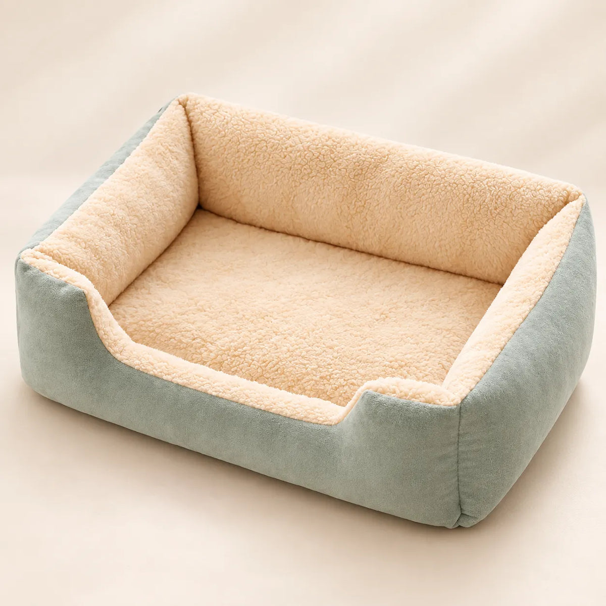 Green Plush Winter Cat Bed with raised plush sides