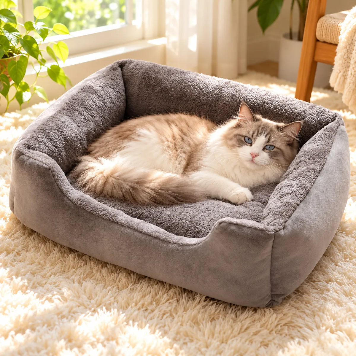 Calico cat curled up in the gray Plush Winter Cat Bed