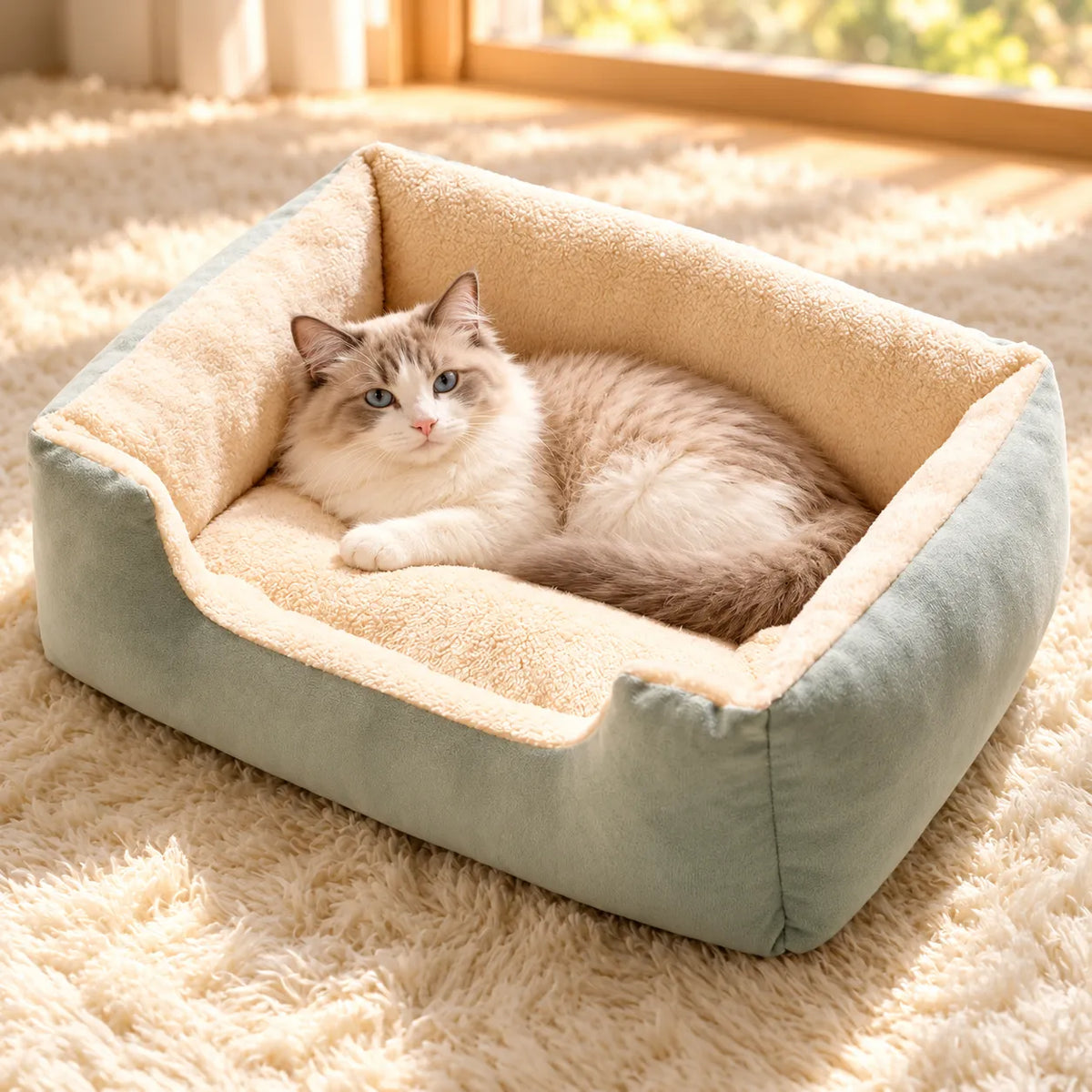 Cat relaxing in the green Plush Winter Cat Bed by a sunny window