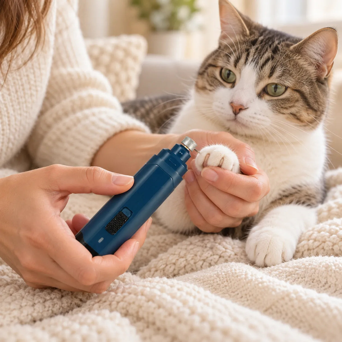 Owner gently smoothing a cat claw with the Cordless Cat Nail Grinder