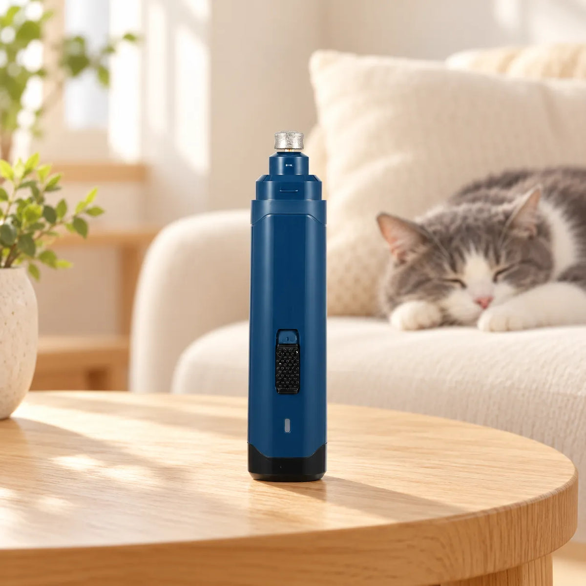 Cordless Cat Nail Grinder on a side table with a cat resting on the sofa