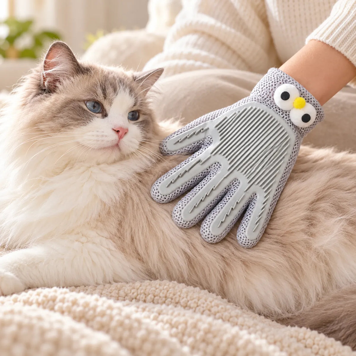 Hand in the gray grooming glove stroking a relaxed cat