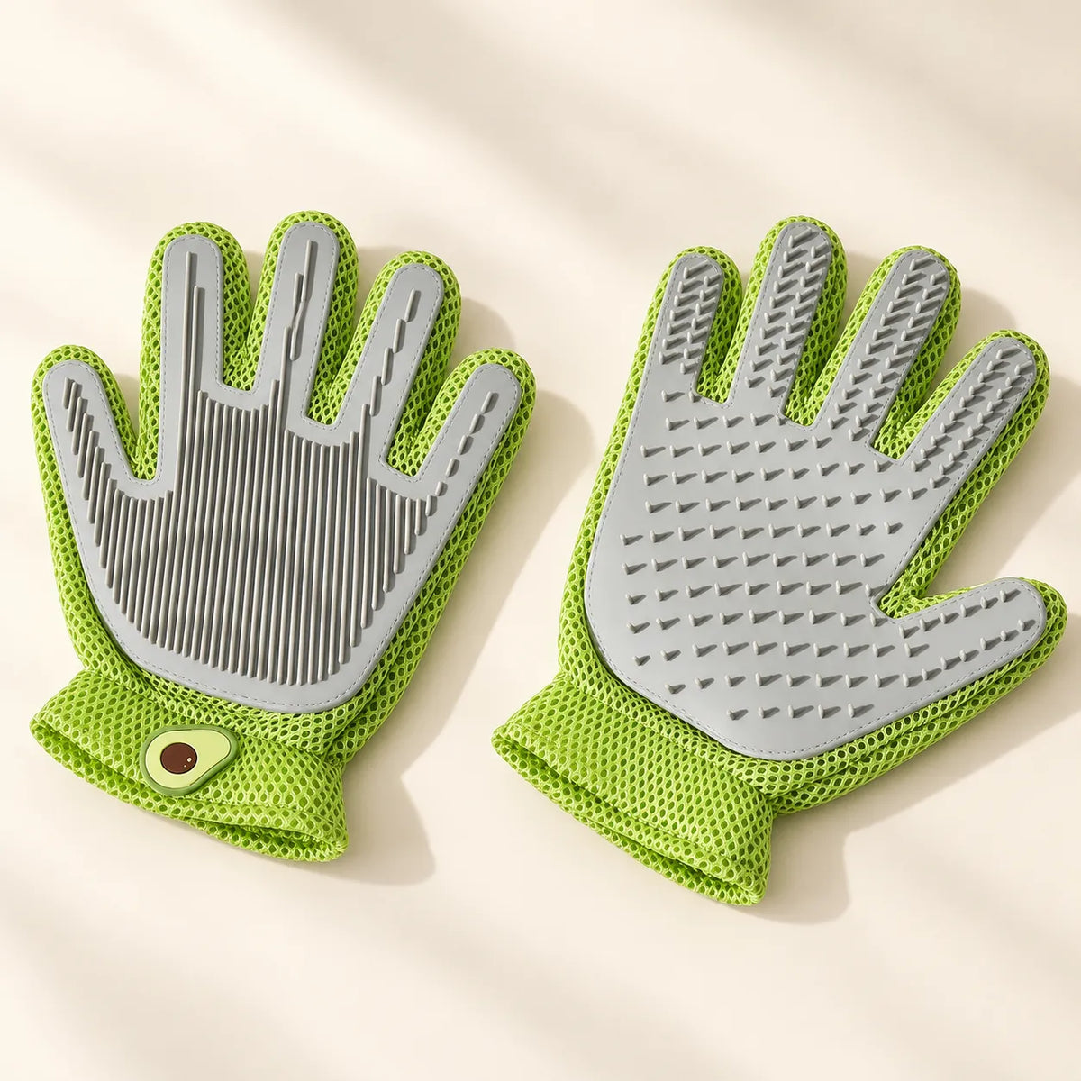 Both sides of the Double-Sided Grooming Glove: ridged silicone side and dotted silicone side