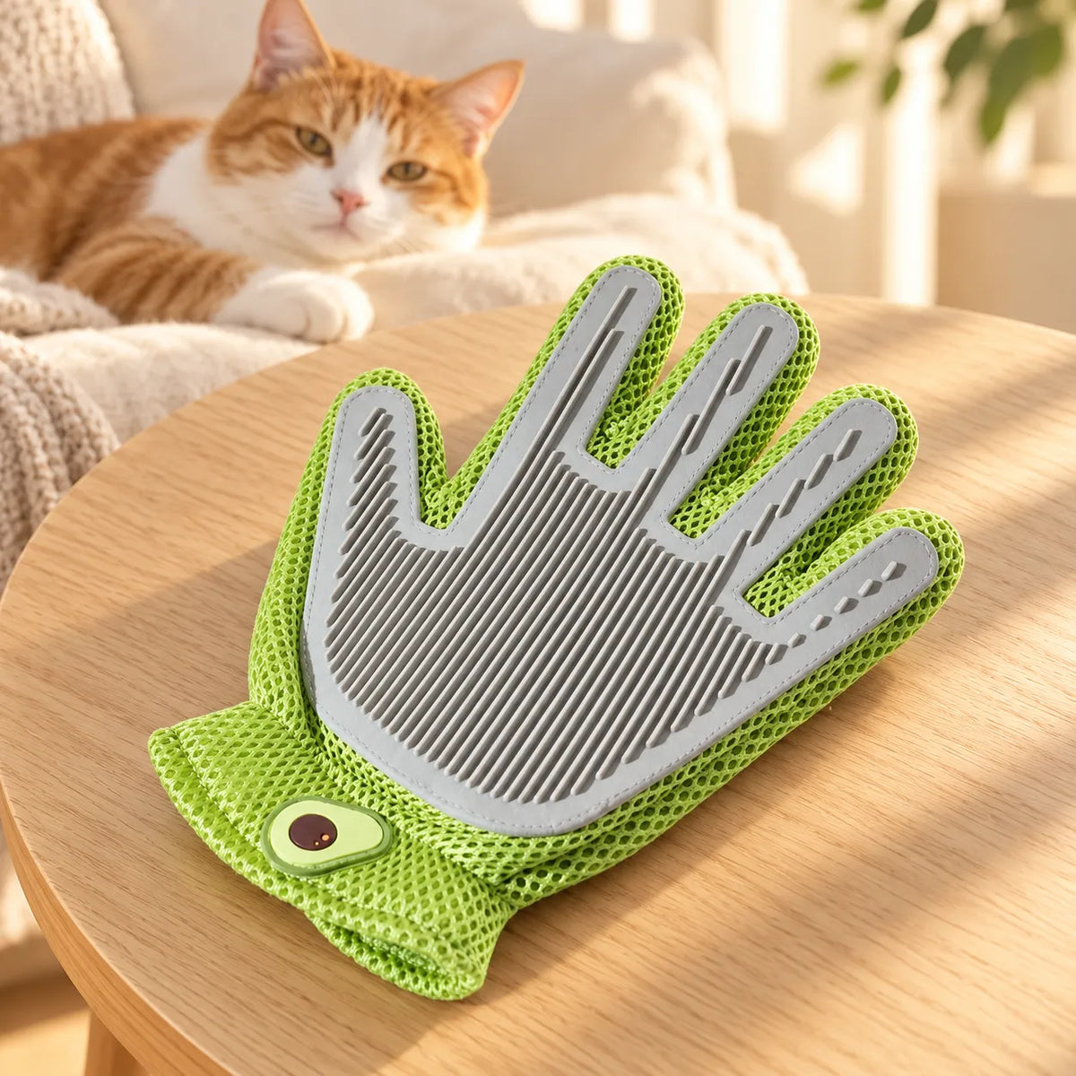 Green grooming glove on a wooden table with a cat in the background