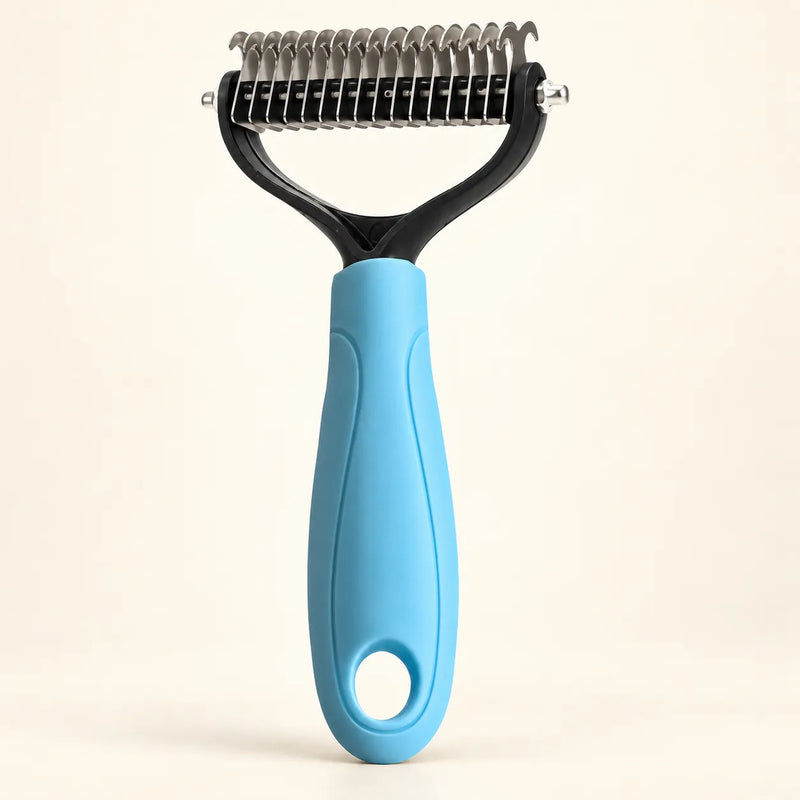 Blue Gentle Pet Detangling Comb with two-sided stainless steel teeth