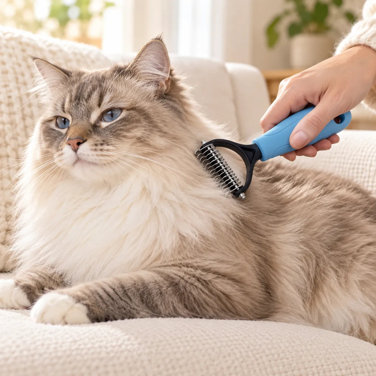 Owner combing a long-haired cat with the blue detangling comb