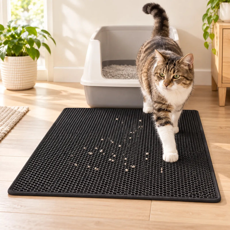Cat stepping off the black Honeycomb Litter Mat in front of a litter box