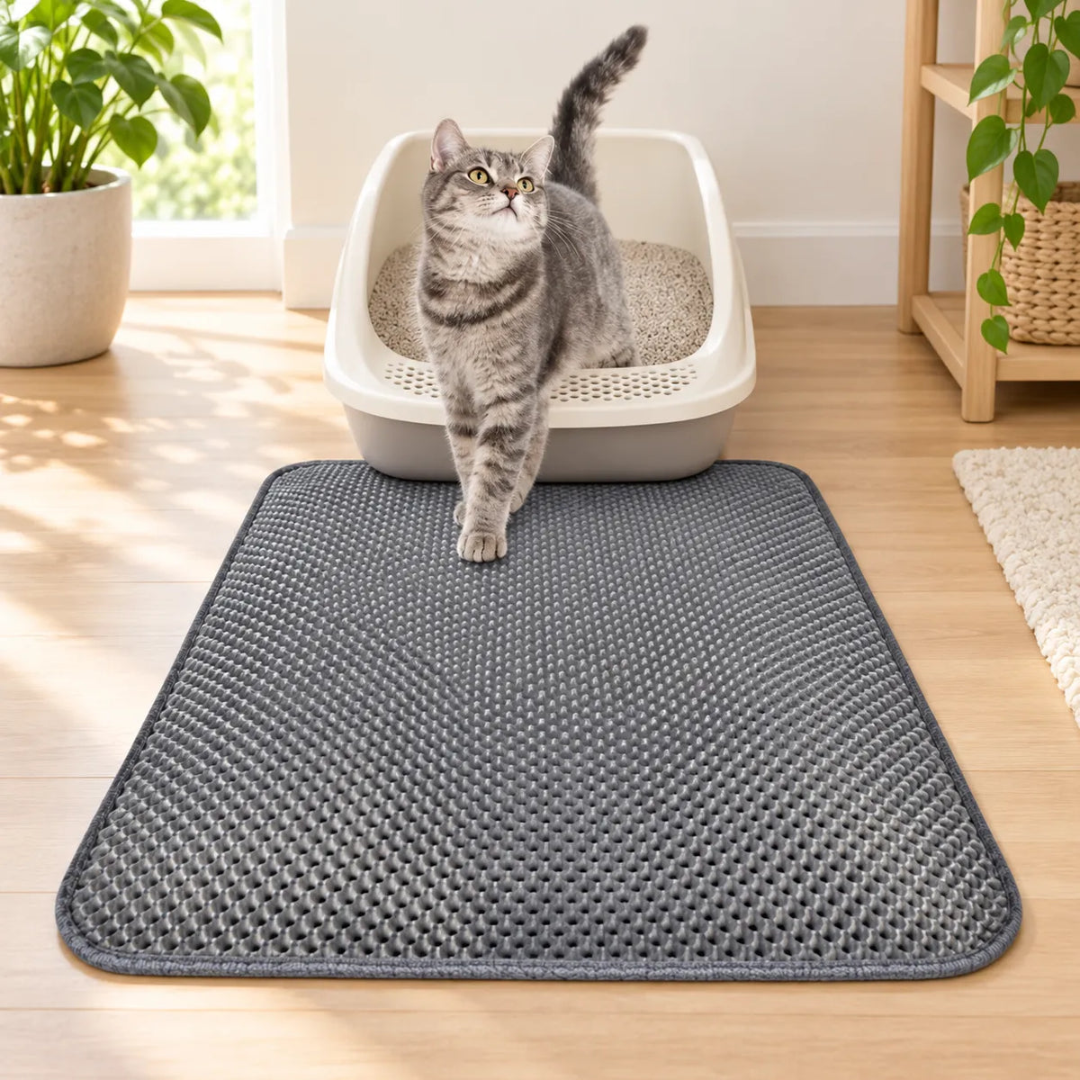 Cat walking across the gray Honeycomb Litter Mat in front of a litter box