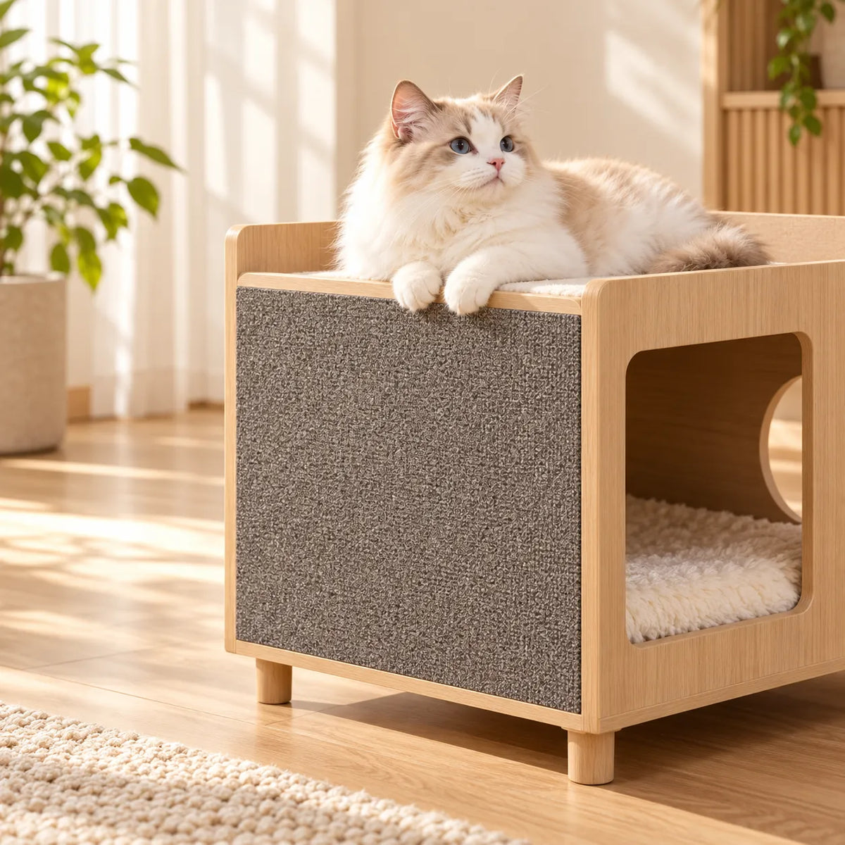 Cat resting on a cat house covered with the Trim-to-Fit Scratch Protector