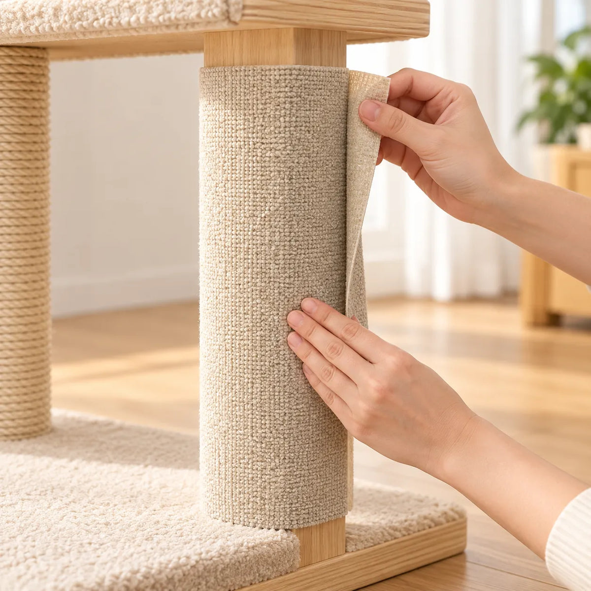 Applying the scratch protector around a cat tree post