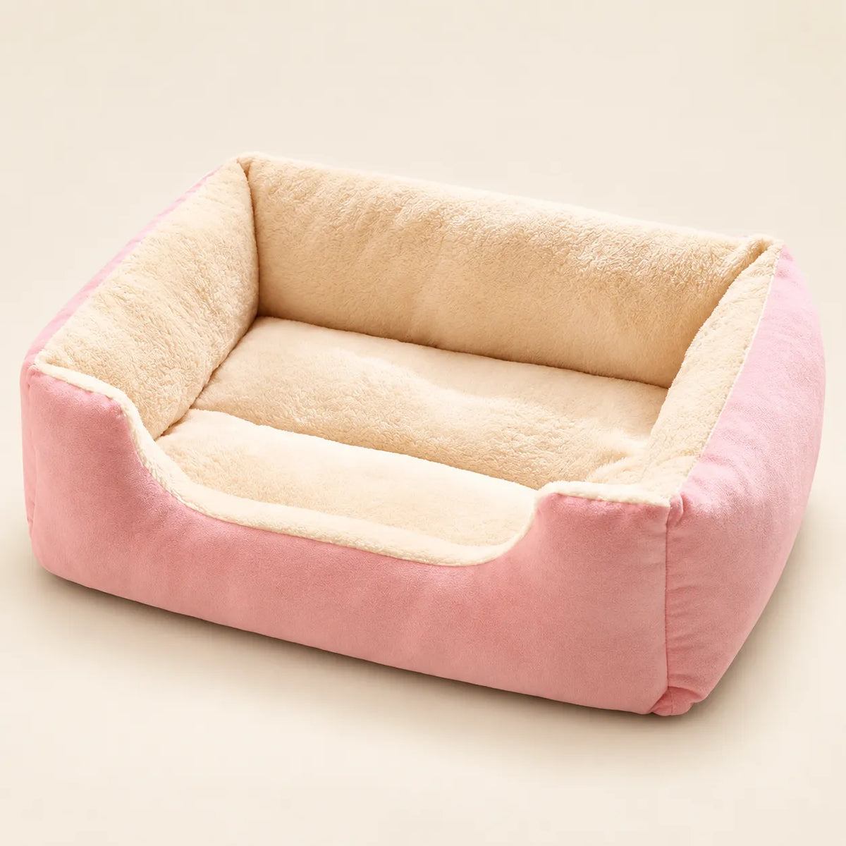 Pink Plush Winter Cat Bed with a cream plush cushion