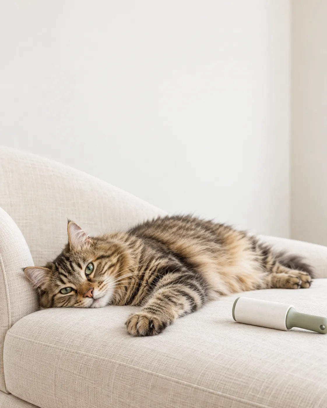 A hair remover lifting fur from a fabric sofa