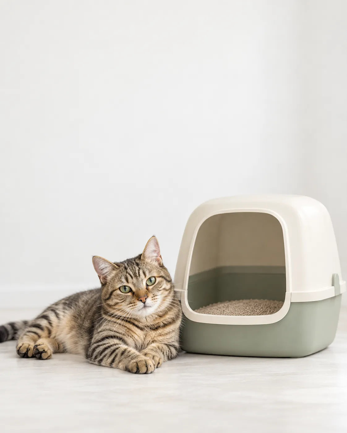 A cat stepping out of the litter box onto a mat