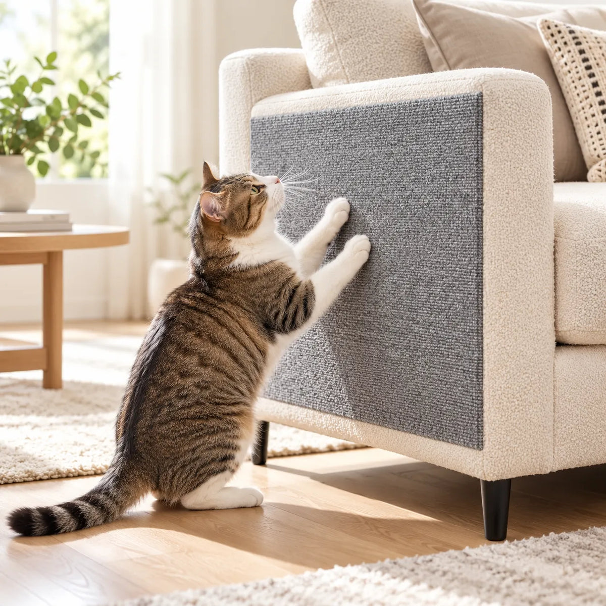 Cat scratching the Trim-to-Fit Scratch Protector on the side of a sofa