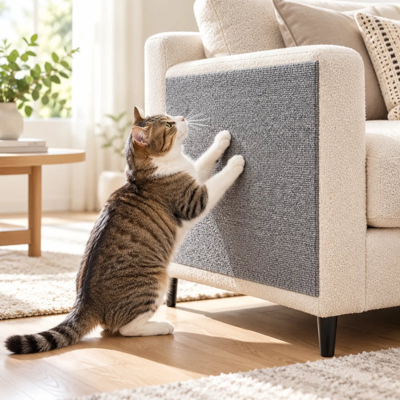 Cat scratching the Trim-to-Fit Scratch Protector on the side of a sofa